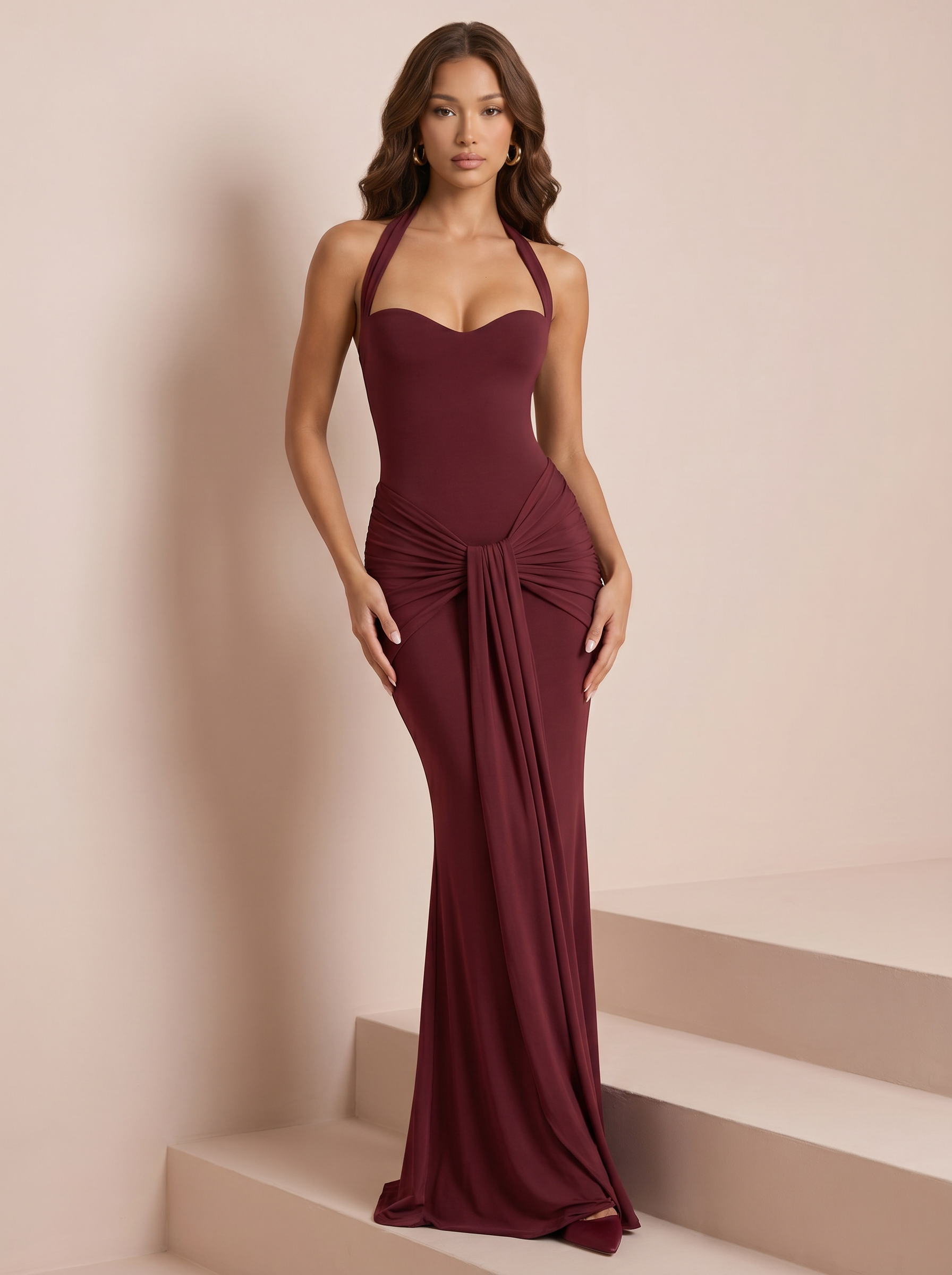 Macy Halter Ruched Waist Draped Bodycon Maxi Dress