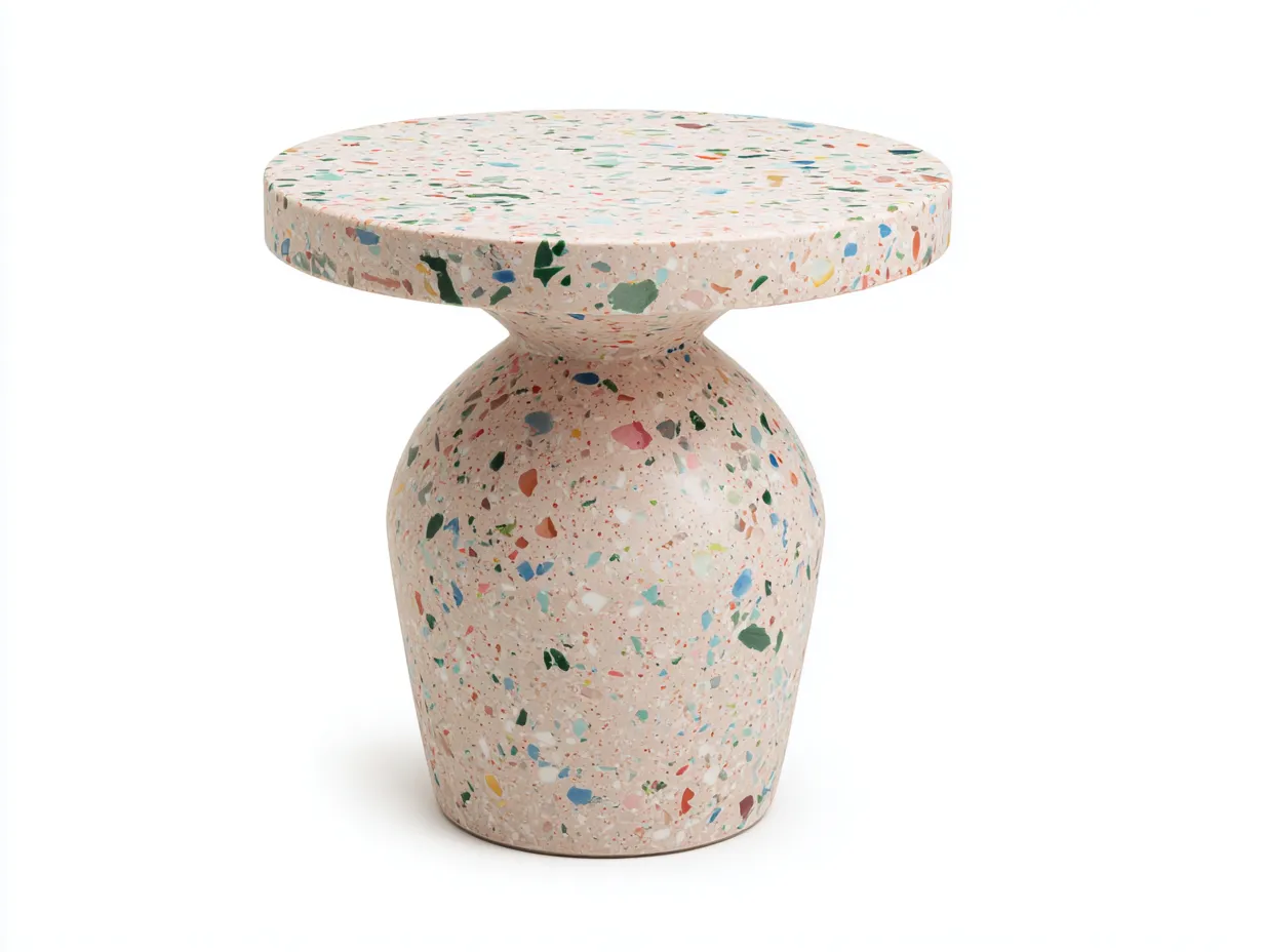 Mesa Auxiliar redonda 50x50x56 cm - terrazo crema con motas verdes y azules - diseño reloj de arena para salón-Dozenmidecor