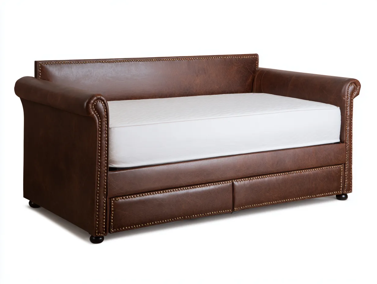 Sofá Cama clásico 216x100x86 cm - marrón cuero y blanco - brazos enrollados para salón-Dozenmidecor