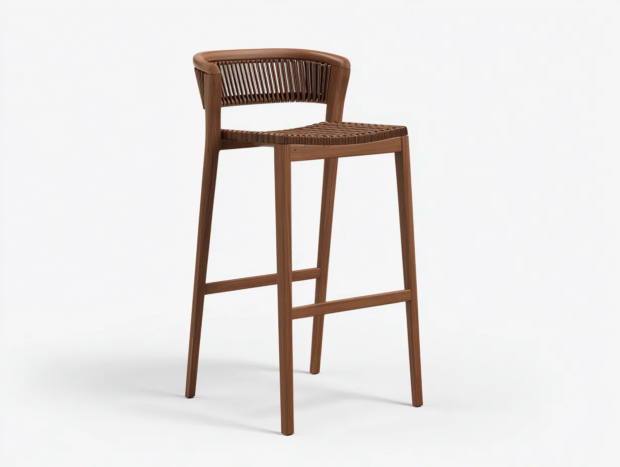 Taburete De Bar efecto madera 52x52x106 cm - marrón nogal - asiento trenzado para exterior-Dozenmidecor