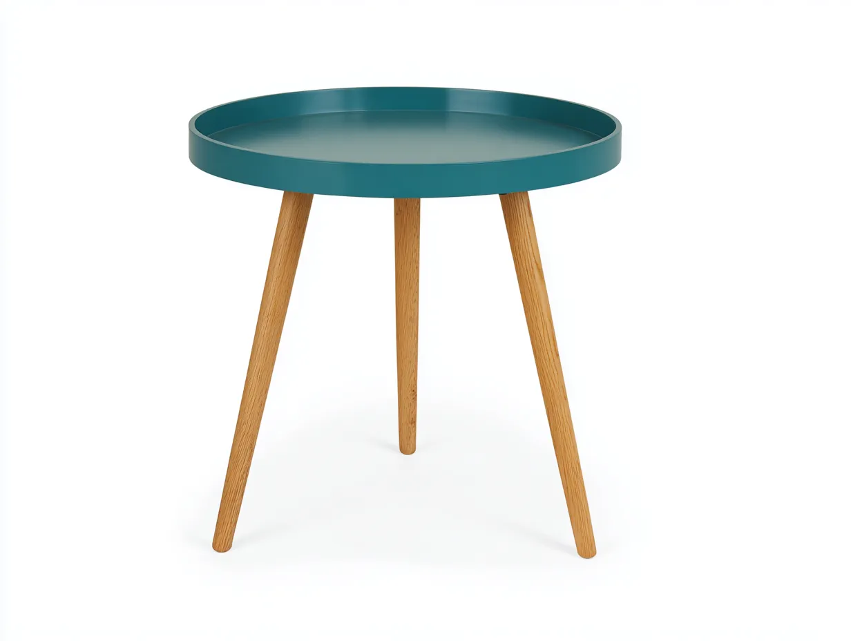 Mesa Auxiliar redonda 45x45x49 cm - tablero verde petróleo y patas de madera natural - estilo nórdico para salón-Dozenmidecor