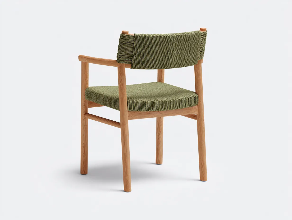 Silla De Comedor de madera y cuerda 48x52x83 cm - nogal y verde oliva - asiento trenzado sin reposabrazos-Dozenmidecor