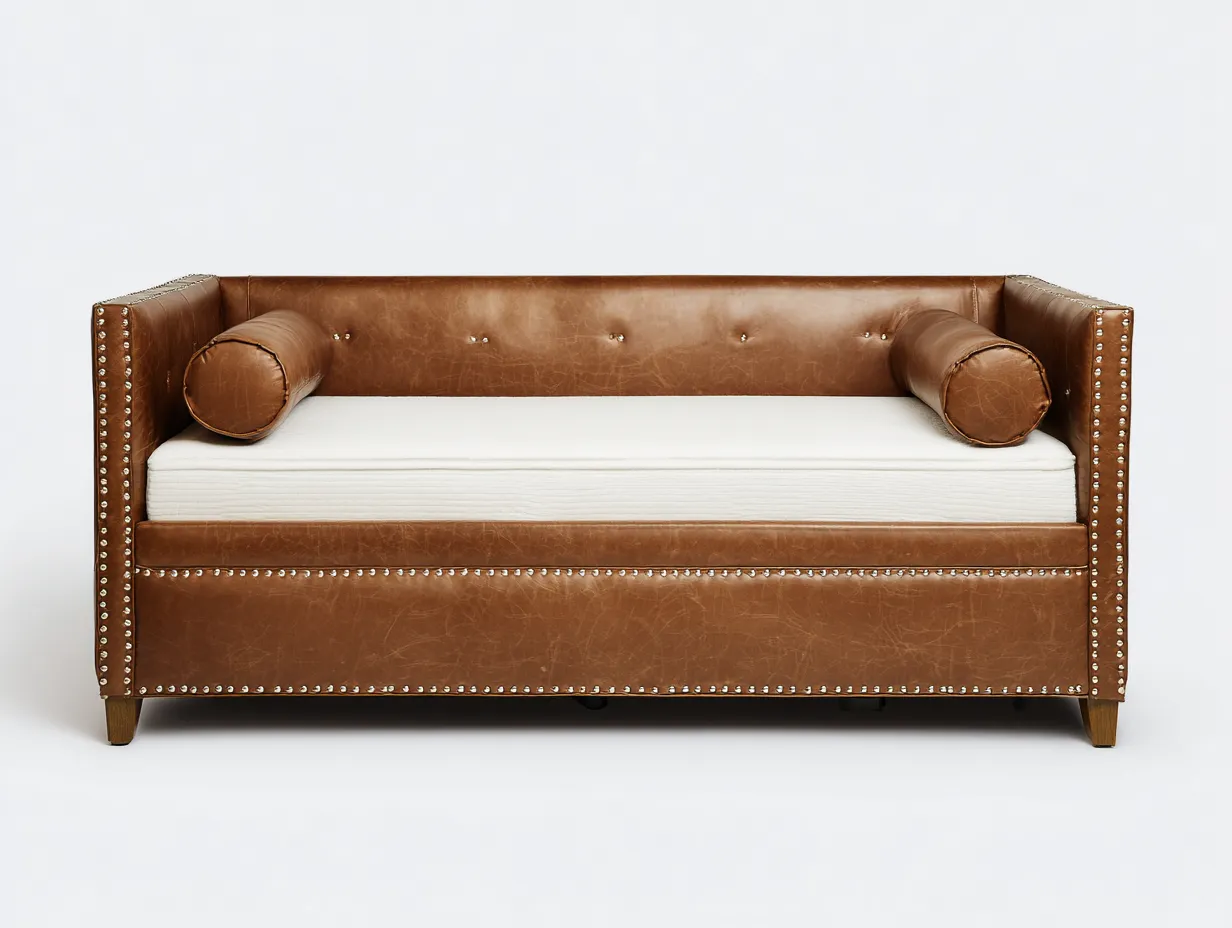 Sofá Cama con tachuelas 218x101x88 cm - caramelo y blanco - diseño vintage para salón-Dozenmidecor