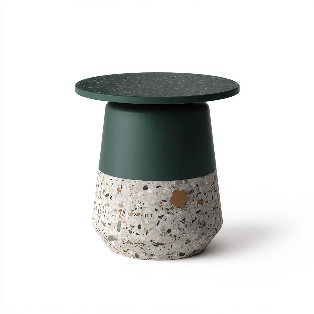 Mesa Auxiliar redonda 48x48x52 cm - verde oscuro y terrazo - diseño escultórico para salón-Dozenmidecor