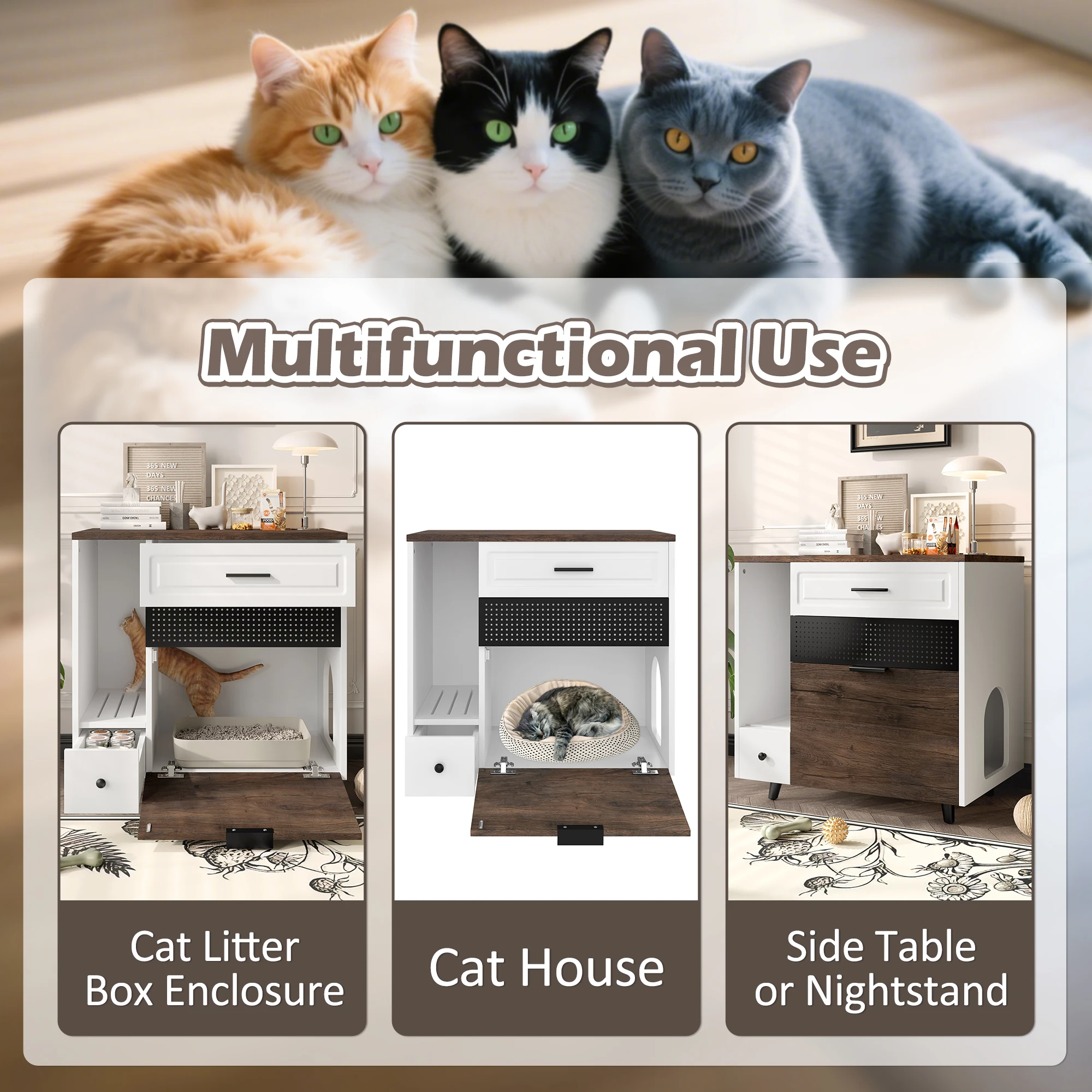 Modern Indoor Cat Litter Box Enclosure Multifunctional Cat Furniture with Drawers and Side Table Free 