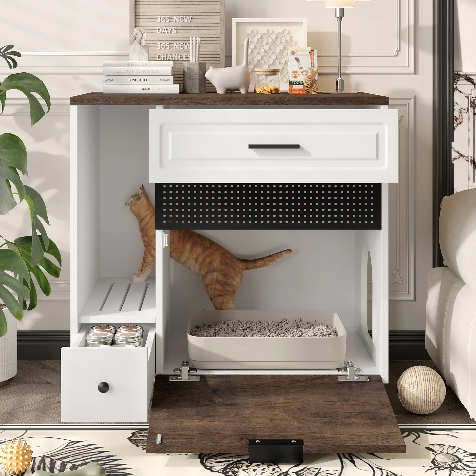 Modern Indoor Cat Litter Box Enclosure Multifunctional Cat Furniture with Drawers and Side Table Free 