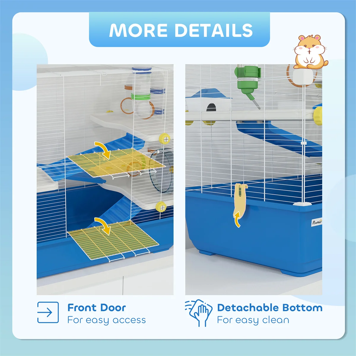 Small Animal Cage with Tube Tunnel System, 2-Tier Hamster Habitat with Running Wheel, Platform & Water Bottle – Wire Frame with Deep Blue Base for Syrian Dwarf Hamsters, Mice, Gerbils – White Blue