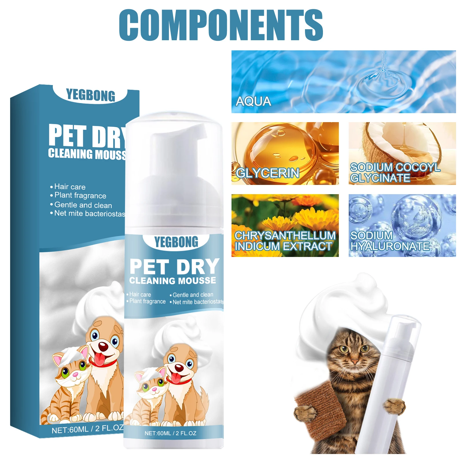  Pet Supplies 60ml Pet Dry Cleaning Mousse for Dogs and Cats No Water Bath Gentle Effective Clean