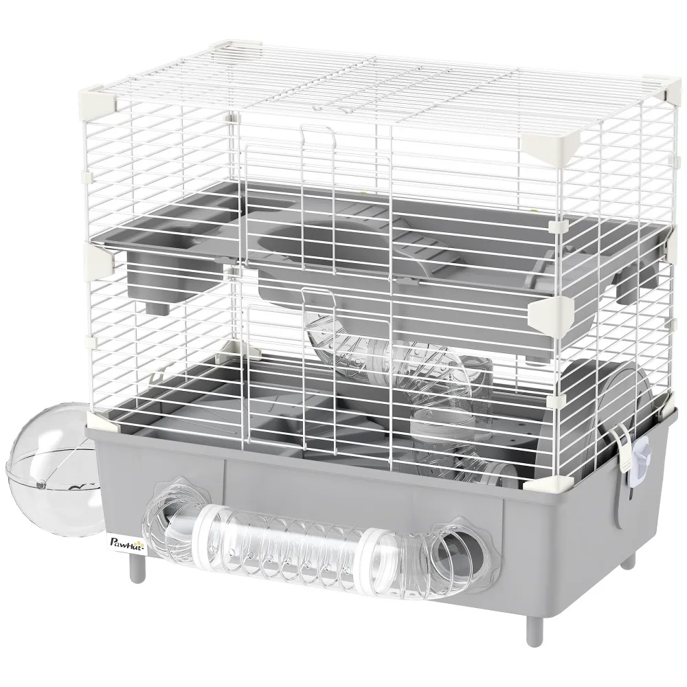 2-Tier Hamster Cage with Tube Tunnel, Running Wheel & Platform – Small Animal Habitat with Deep Base, Wire Frame, for Syrian Dwarf Hamsters, Mice, Gerbils – Grey White
