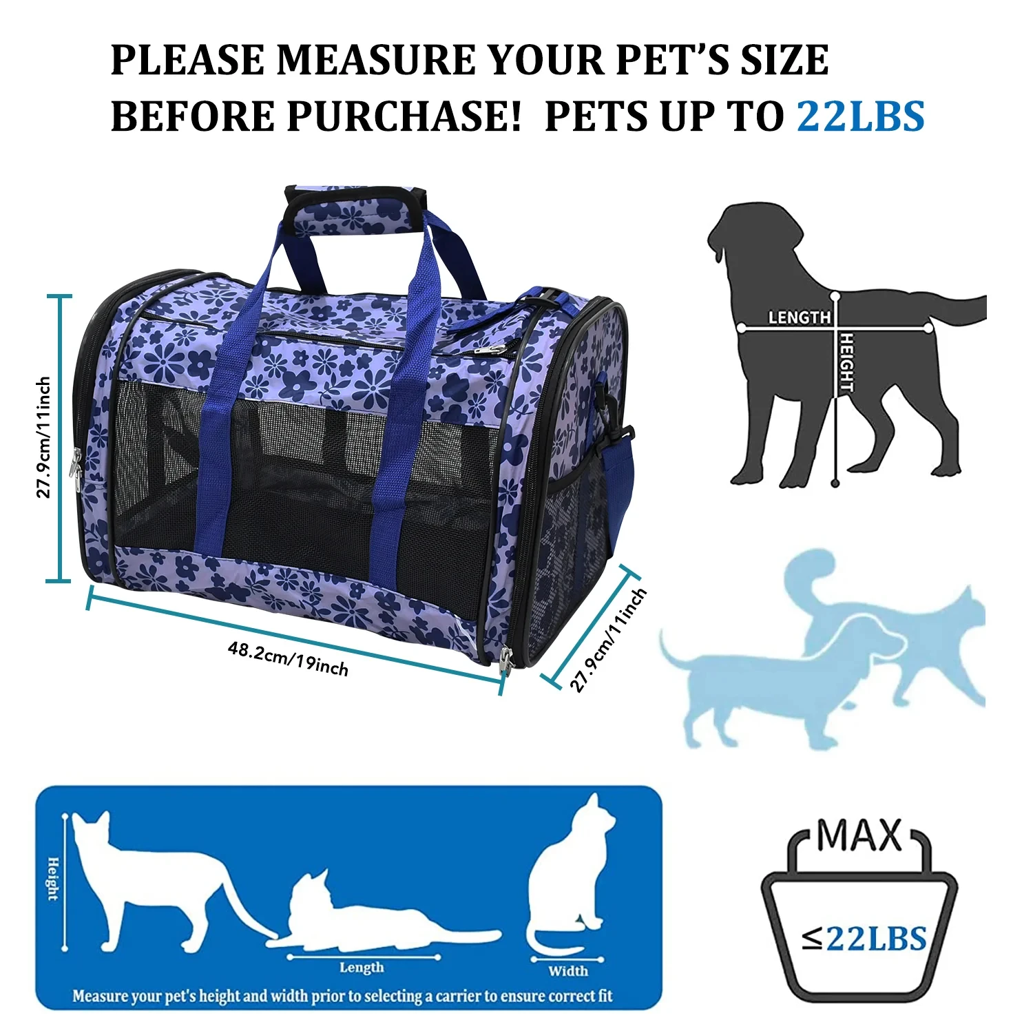 Soft-sided pet carrier, approved by luxury airlines, for small dogs and cats