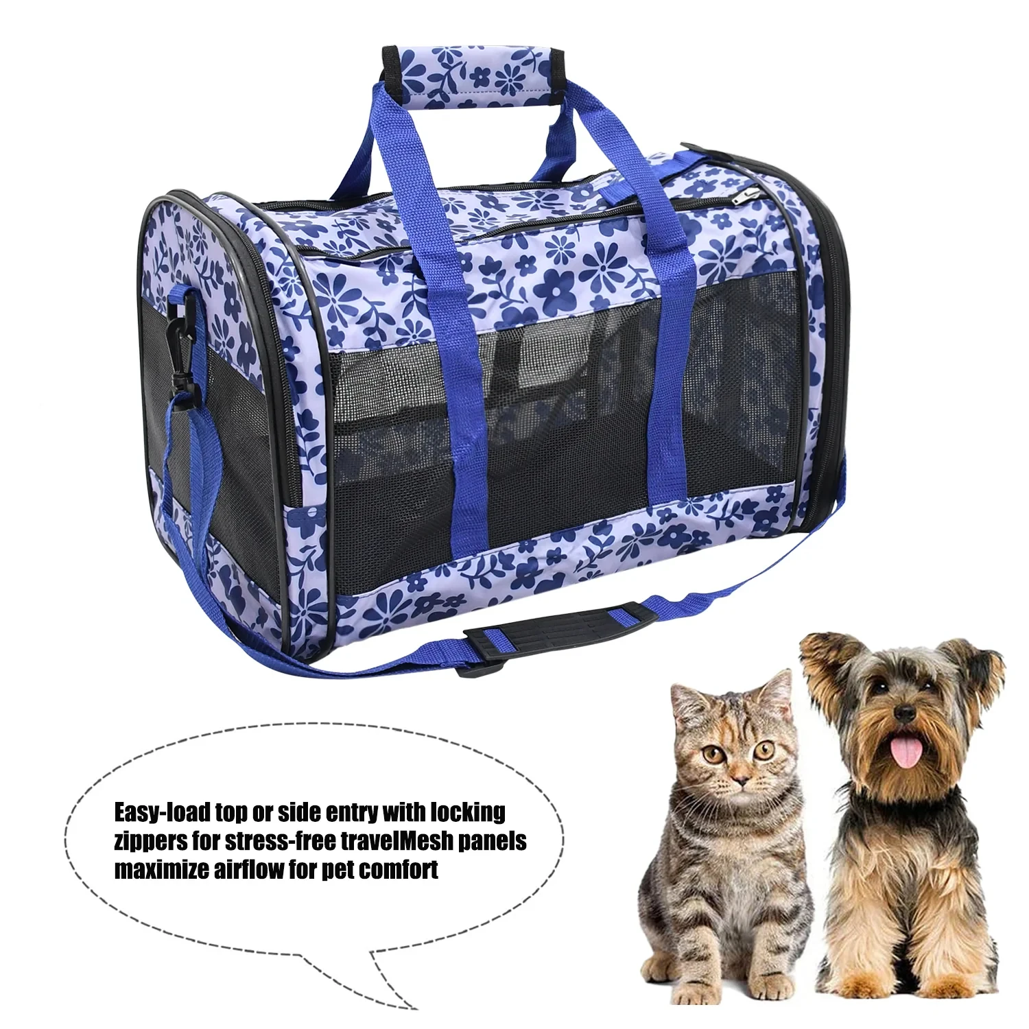 Soft-sided pet carrier, approved by luxury airlines, for small dogs and cats