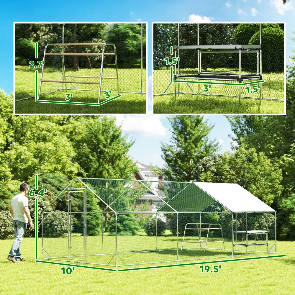 Heavy Duty Metal Chicken Coop with Rainproof Cover, Outdoor Poultry Cage with Roosting Perch & Feeder Stand – Large Walk-in Pen for Chickens, Ducks, Rabbits – Secure Locking Door, Ground Stakes Included