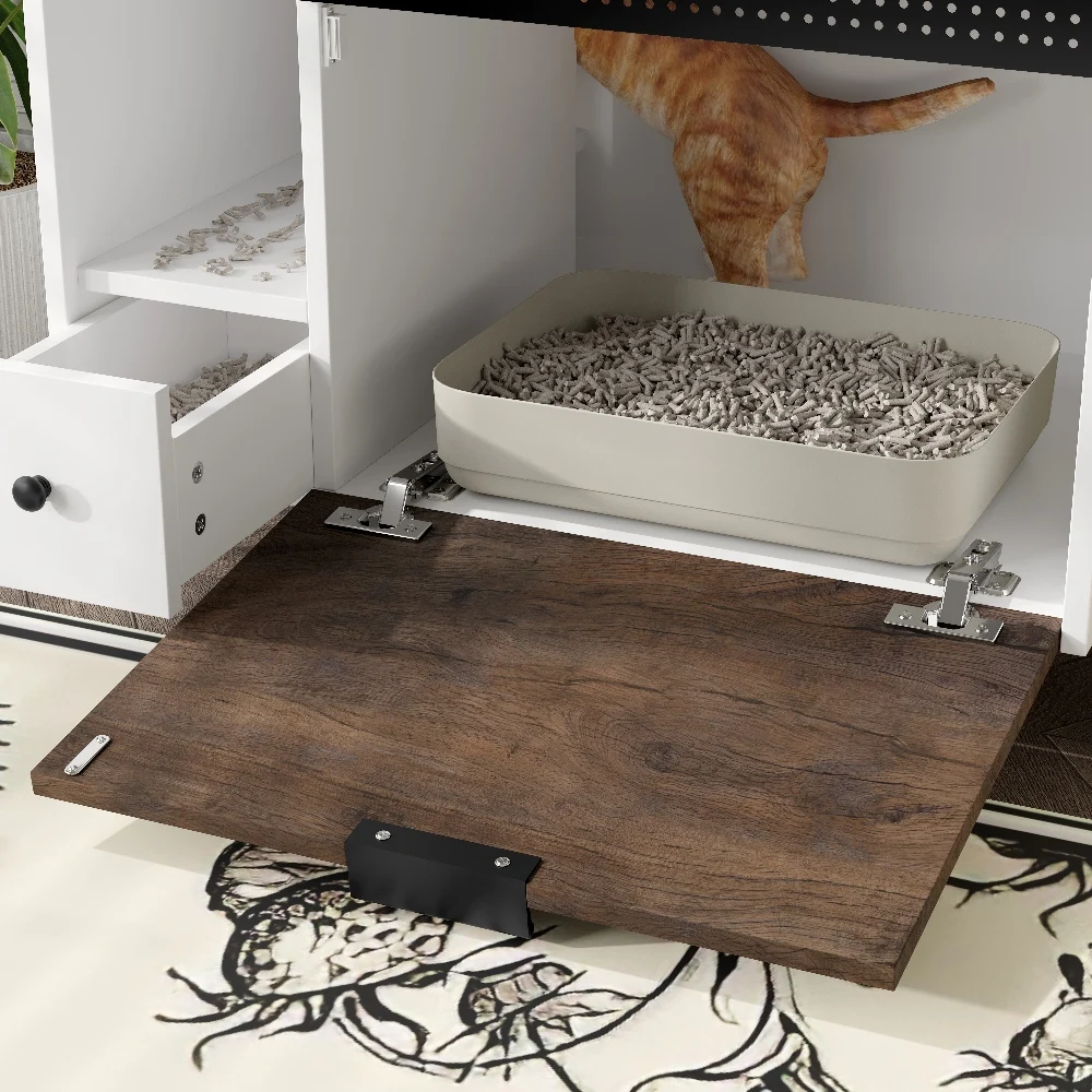Modern Indoor Cat Litter Box Enclosure Multifunctional Cat Furniture with Drawers and Side Table Free 
