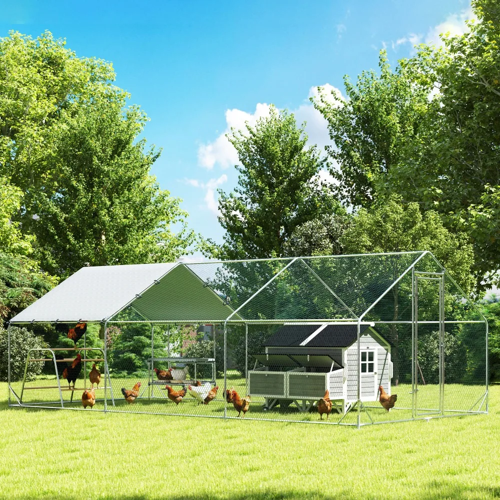 Heavy Duty Metal Chicken Coop with Rainproof Cover, Outdoor Poultry Cage with Roosting Perch & Feeder Stand – Large Walk-in Pen for Chickens, Ducks, Rabbits – Secure Locking Door, Ground Stakes Included