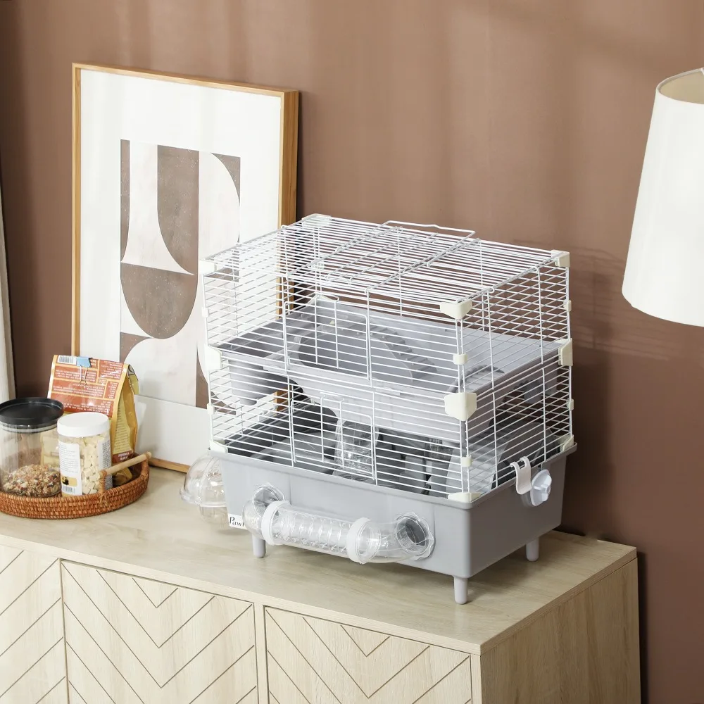 2-Tier Hamster Cage with Tube Tunnel, Running Wheel & Platform – Small Animal Habitat with Deep Base, Wire Frame, for Syrian Dwarf Hamsters, Mice, Gerbils – Grey White