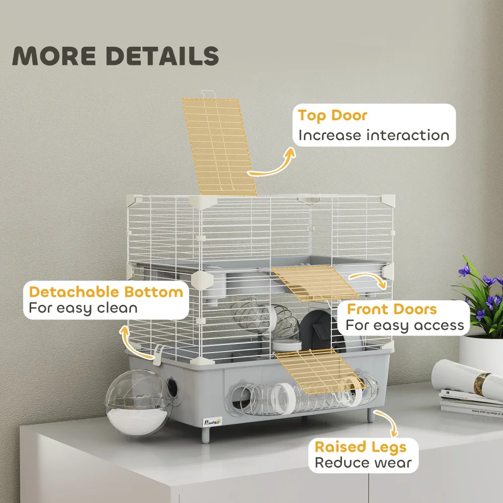 2-Tier Hamster Cage with Tube Tunnel, Running Wheel & Platform – Small Animal Habitat with Deep Base, Wire Frame, for Syrian Dwarf Hamsters, Mice, Gerbils – Grey White
