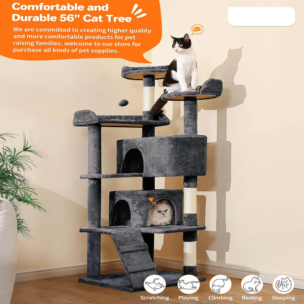 Indoor/Outdoor Cat Climbing Frames & Multi-Level Cat Trees 2 Play Centers Scratching Post Modern Gray Wood Design