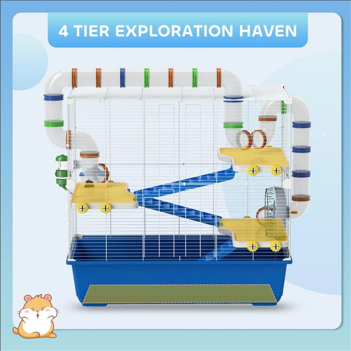 Small Animal Cage with Tube Tunnel System, 2-Tier Hamster Habitat with Running Wheel, Platform & Water Bottle – Wire Frame with Deep Blue Base for Syrian Dwarf Hamsters, Mice, Gerbils – White Blue