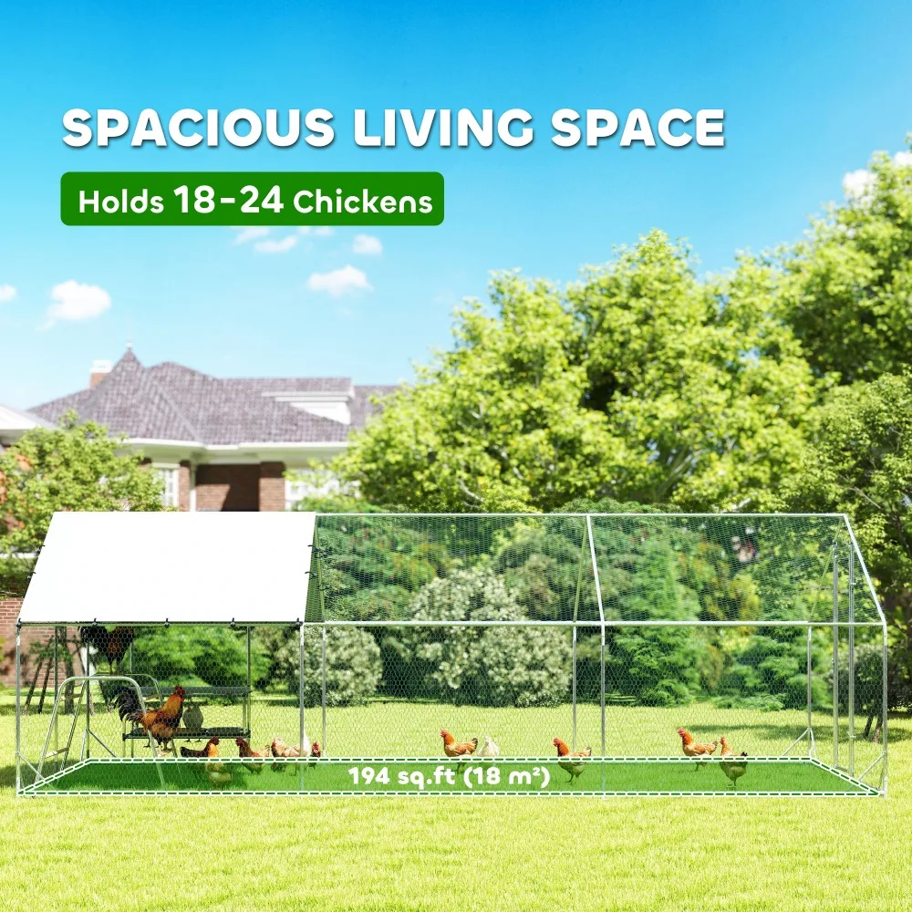 Heavy Duty Metal Chicken Coop with Rainproof Cover, Outdoor Poultry Cage with Roosting Perch & Feeder Stand – Large Walk-in Pen for Chickens, Ducks, Rabbits – Secure Locking Door, Ground Stakes Included