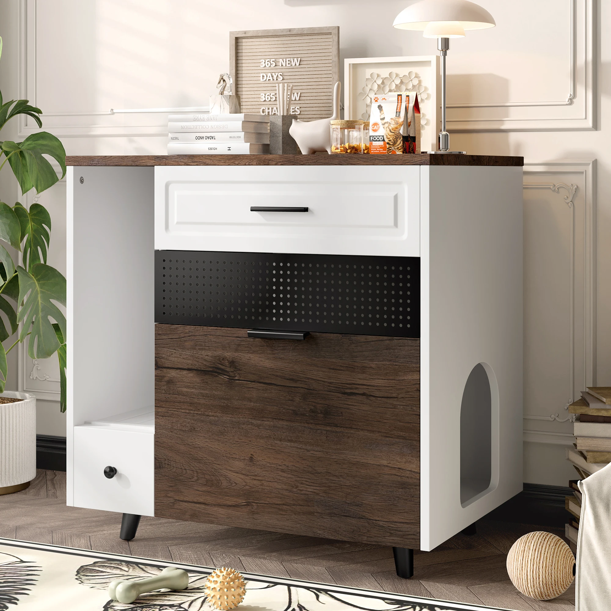 Modern Indoor Cat Litter Box Enclosure Multifunctional Cat Furniture with Drawers and Side Table Free 