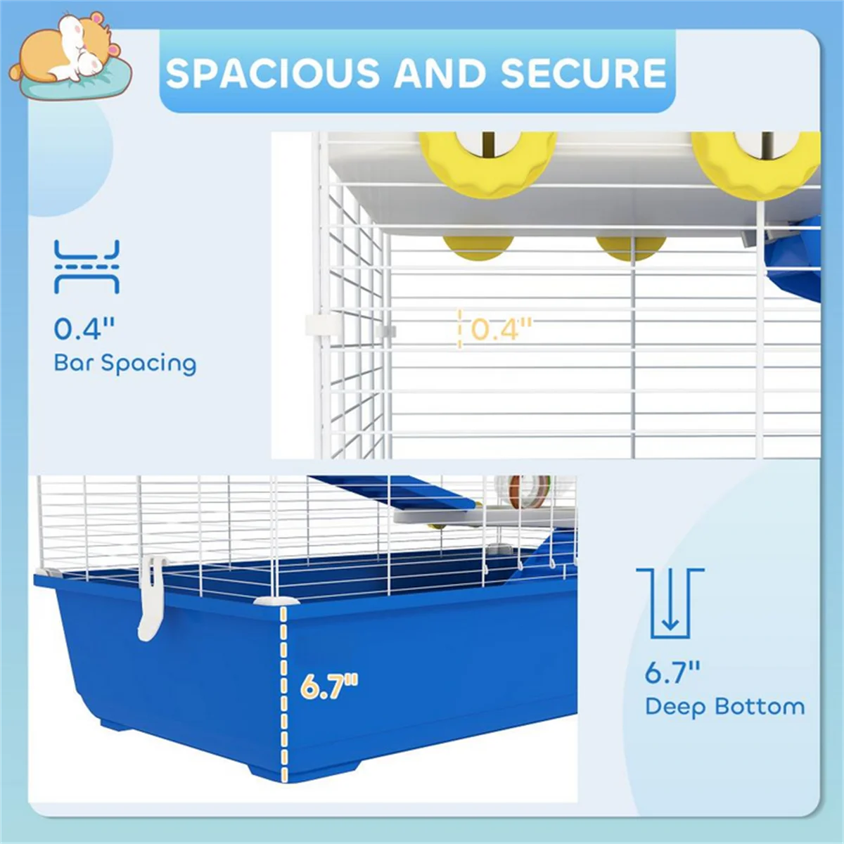 Small Animal Cage with Tube Tunnel System, 2-Tier Hamster Habitat with Running Wheel, Platform & Water Bottle – Wire Frame with Deep Blue Base for Syrian Dwarf Hamsters, Mice, Gerbils – White Blue