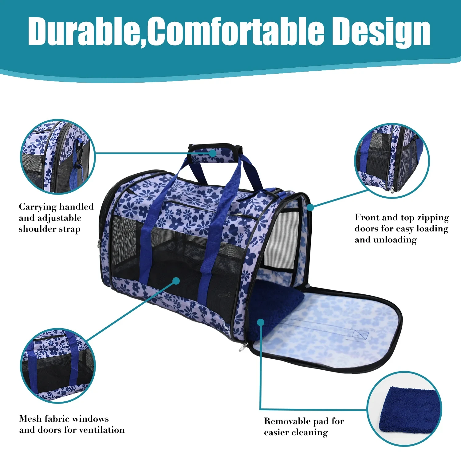 Soft-sided pet carrier, approved by luxury airlines, for small dogs and cats