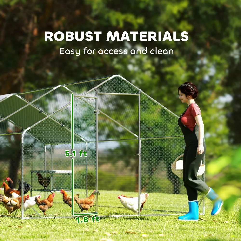 Heavy Duty Metal Chicken Coop with Rainproof Cover, Outdoor Poultry Cage with Roosting Perch & Feeder Stand – Large Walk-in Pen for Chickens, Ducks, Rabbits – Secure Locking Door, Ground Stakes Included