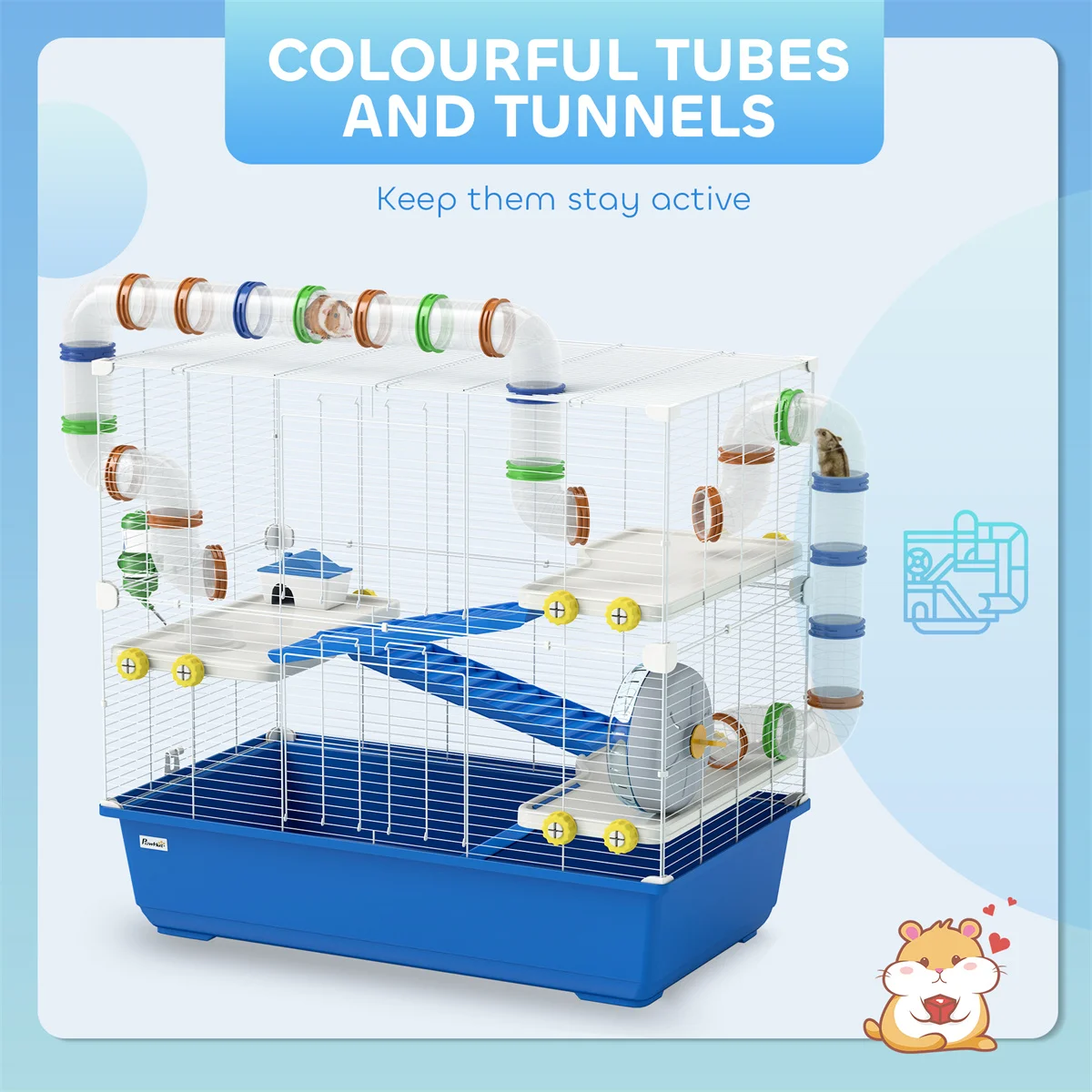 Small Animal Cage with Tube Tunnel System, 2-Tier Hamster Habitat with Running Wheel, Platform & Water Bottle – Wire Frame with Deep Blue Base for Syrian Dwarf Hamsters, Mice, Gerbils – White Blue