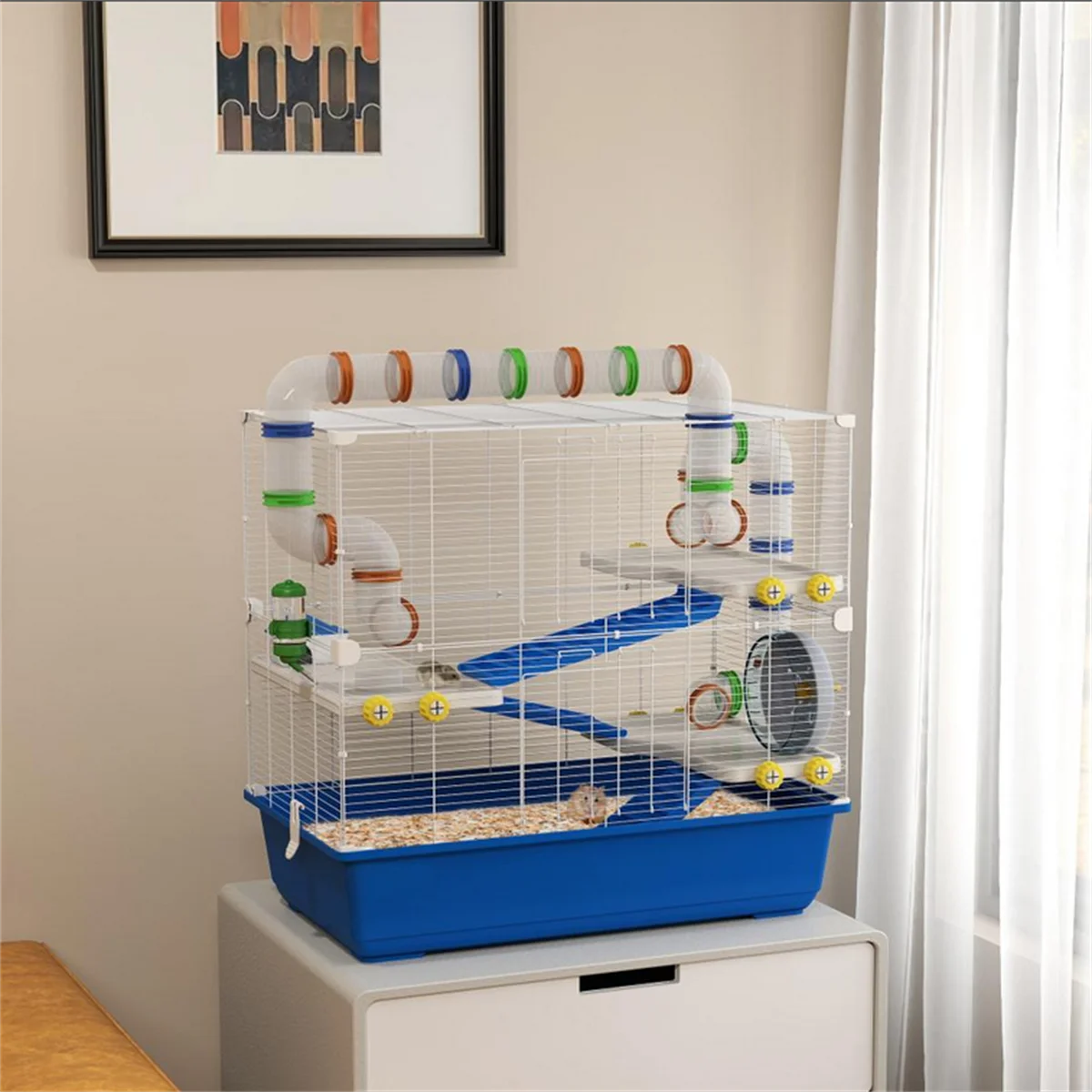 Small Animal Cage with Tube Tunnel System, 2-Tier Hamster Habitat with Running Wheel, Platform & Water Bottle – Wire Frame with Deep Blue Base for Syrian Dwarf Hamsters, Mice, Gerbils – White Blue