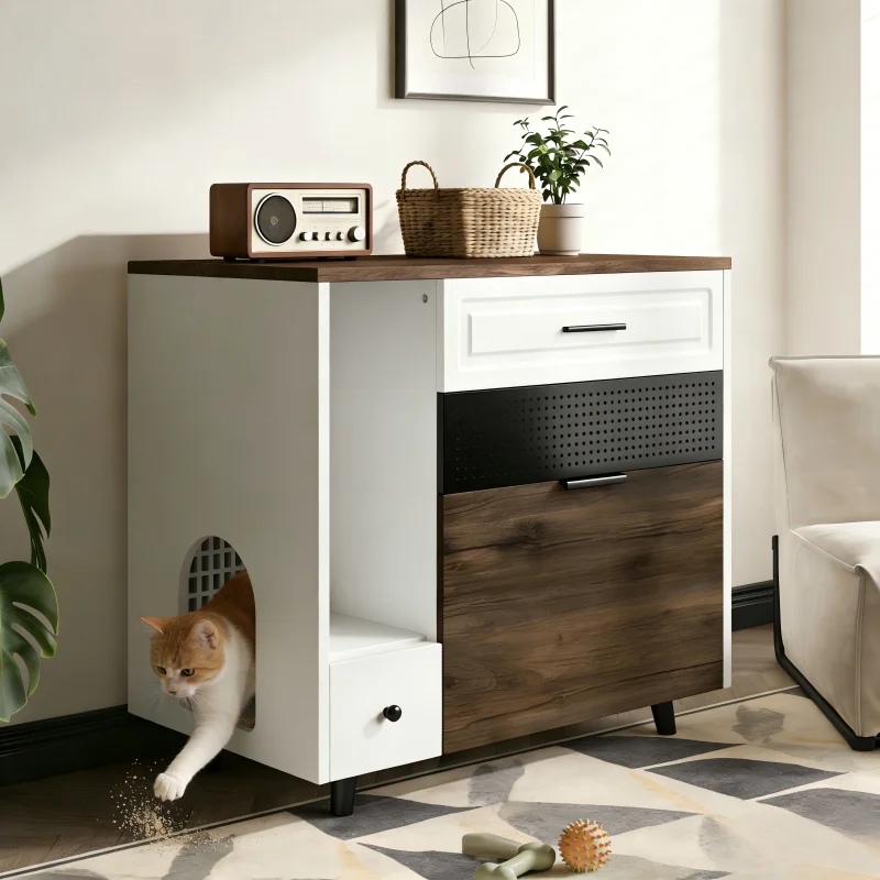 Luxurious solid indoor cat furniture, modern multifunctional, eco-friendly, durable cat litter box with drawer, pet supplies