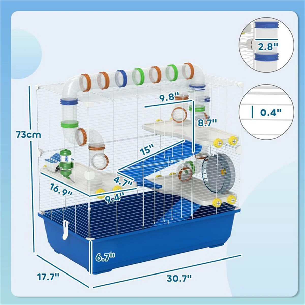 Small Animal Cage with Tube Tunnel System, 2-Tier Hamster Habitat with Running Wheel, Platform & Water Bottle – Wire Frame with Deep Blue Base for Syrian Dwarf Hamsters, Mice, Gerbils – White Blue