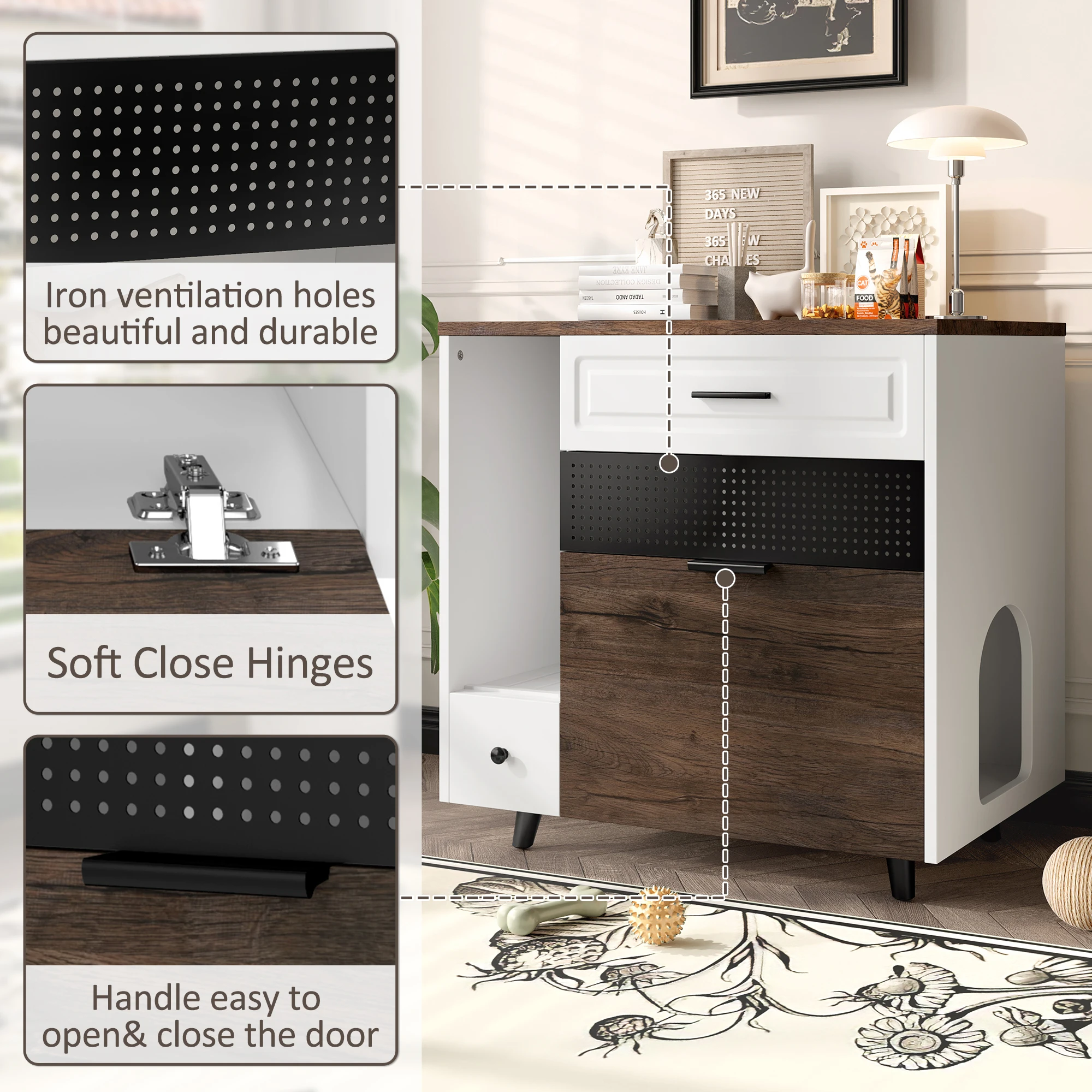 Modern Indoor Cat Litter Box Enclosure Multifunctional Cat Furniture with Drawers and Side Table Free 