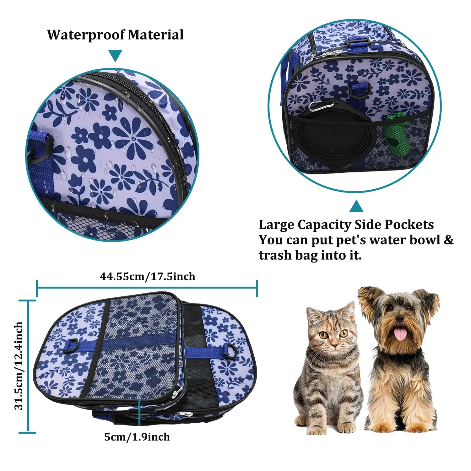Soft-sided pet carrier, approved by luxury airlines, for small dogs and cats
