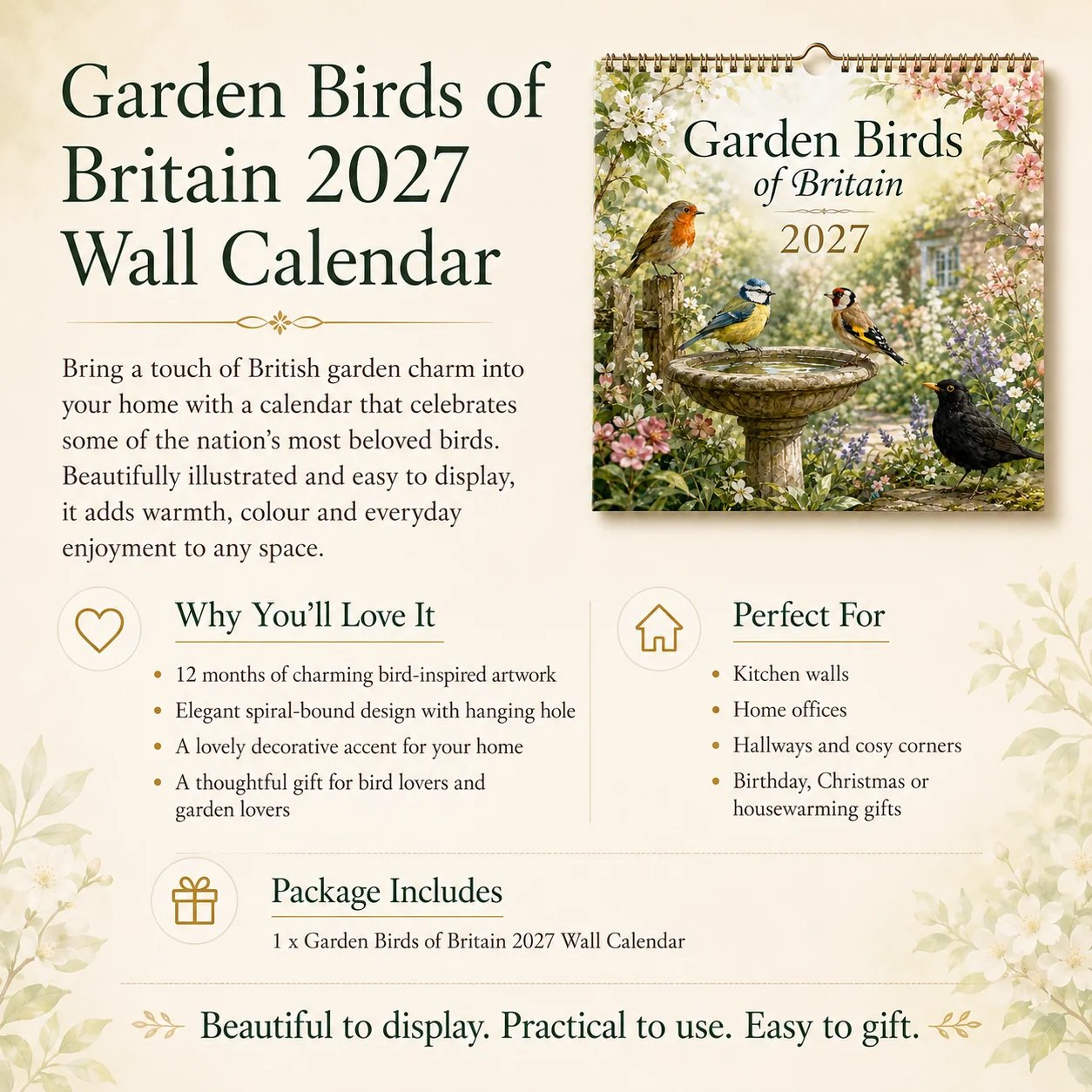 Spiral bound Garden Birds of Britain 2027 wall calendar