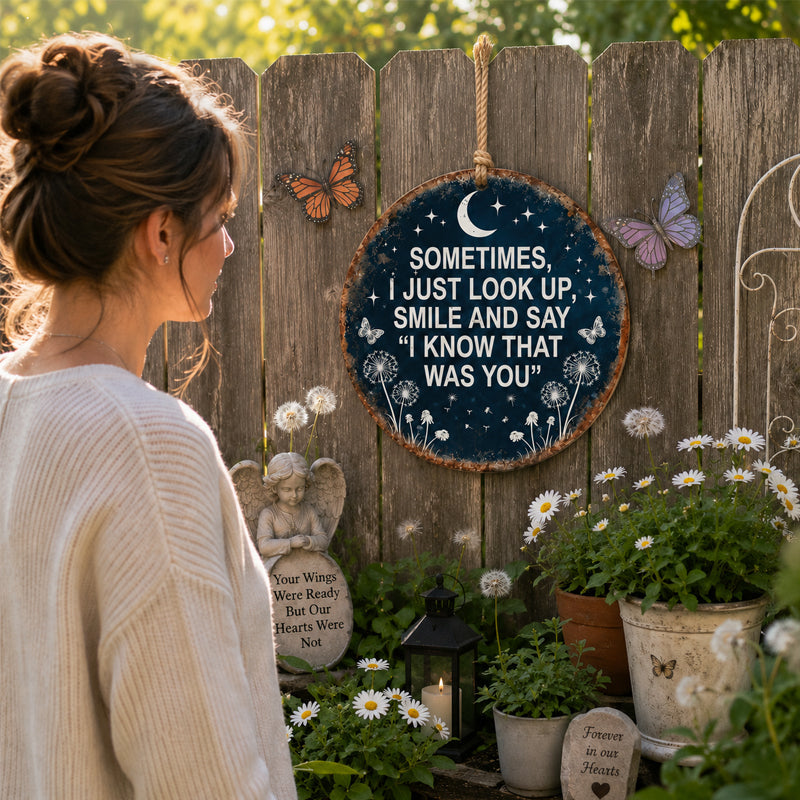 “I Know That Was You” Memorial Garden Hanging Sign – Moon, Butterfly & Dandelion Remembrance Decor for Garden, Porch & Sympathy Gifts