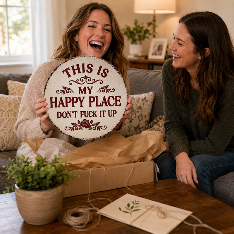 “This Is My Happy Place” Funny Round Metal Sign – Vintage Garden, Patio, Porch & Backyard Wall Decor Gift