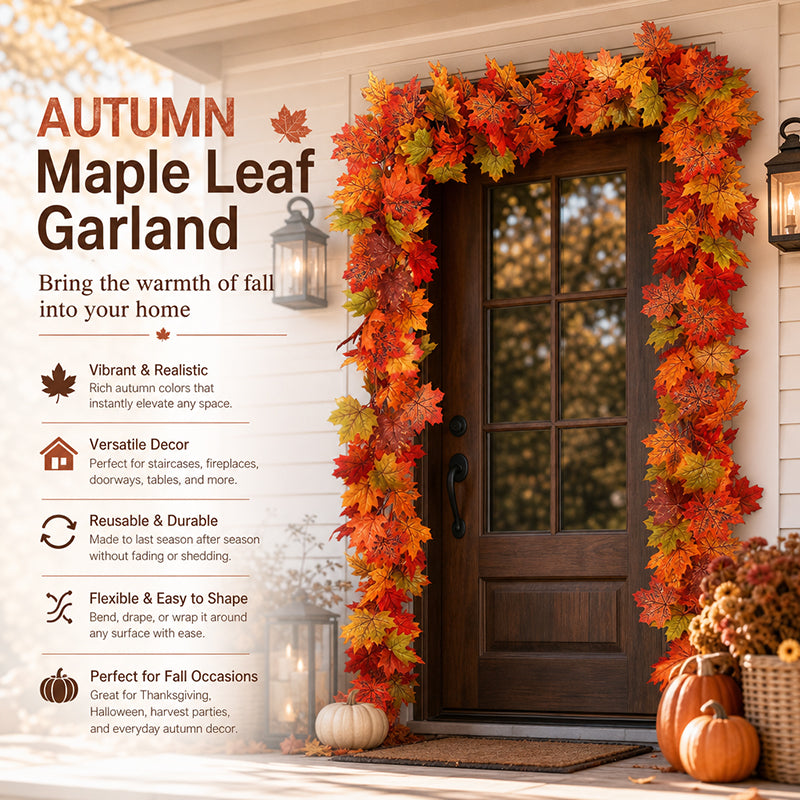 🍁Autumn Maple Leaf Garland Decoration Set – Fall Leaves Garland for Fireplace Mantel, Staircase, Door Frame, Table & Thanksgiving Decor
