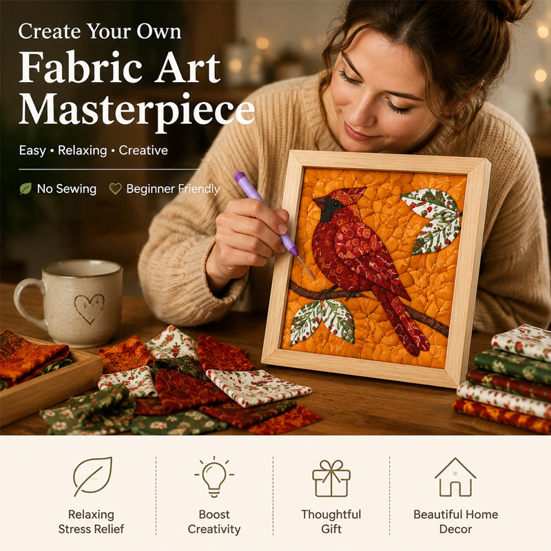 DIY fabric art kit with wooden frame and colourful fabric pieces