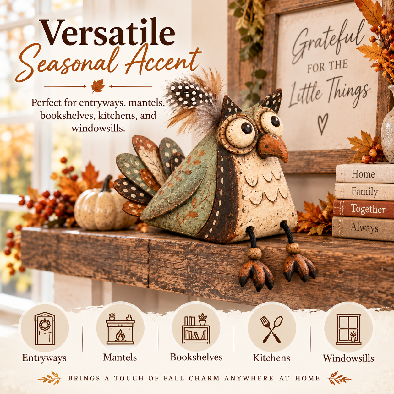 Rustic Owl Shelf Sitter Decor with Dangling Legs
