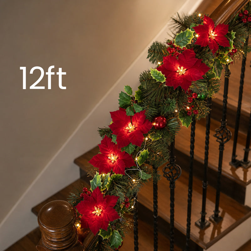 Poinsettia LED Christmas Garland – Battery-Powered Festive Flower Fairy Lights for Mantelpiece, Staircase, Doorway & Cosy Home Decor