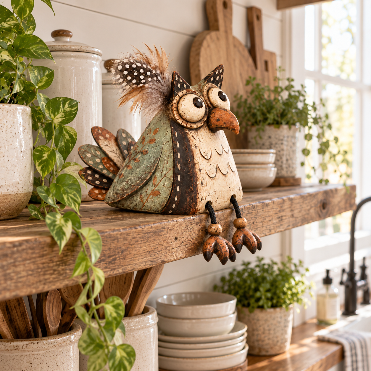 Rustic Owl Shelf Sitter Decor with Dangling Legs