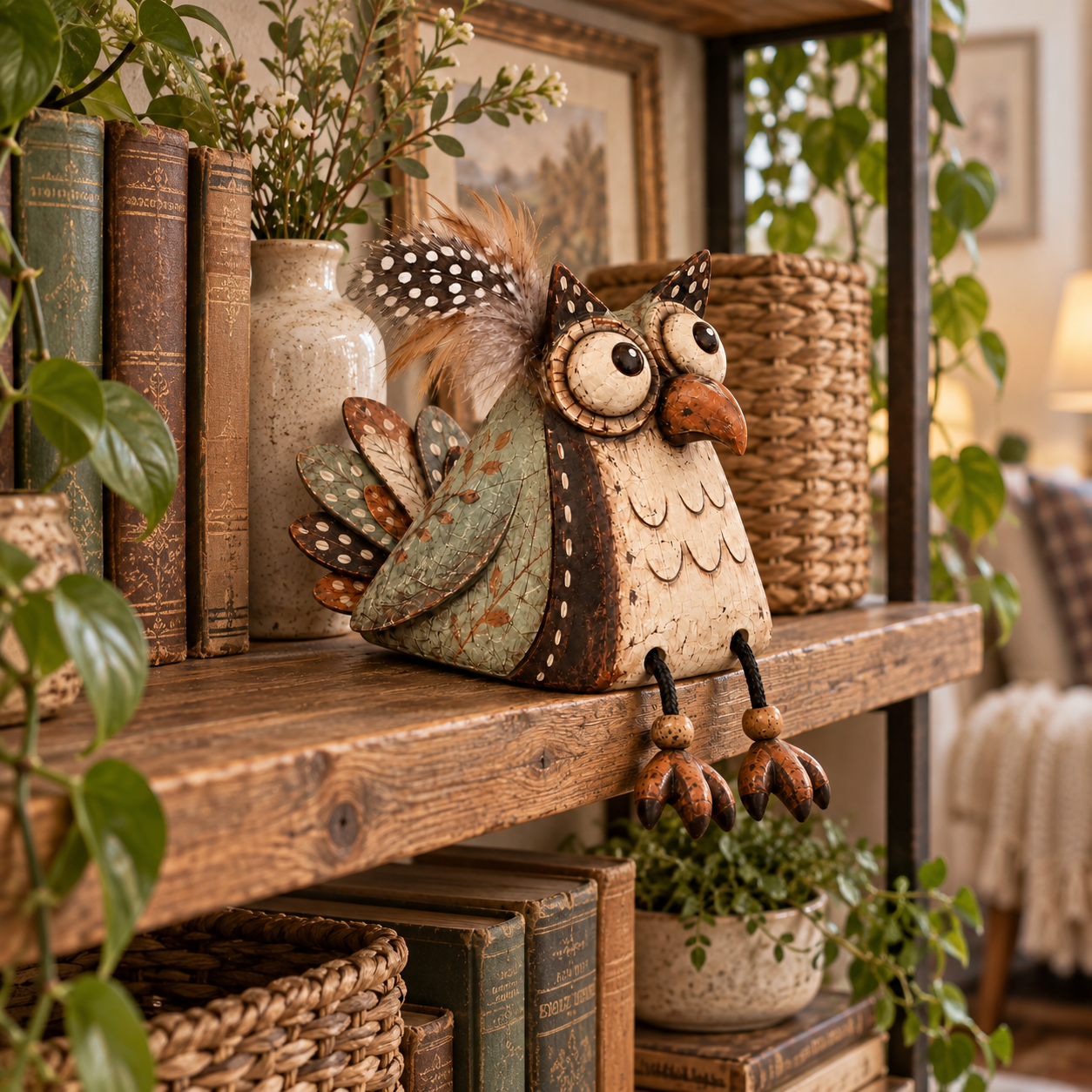 Rustic Owl Shelf Sitter Decor with Dangling Legs