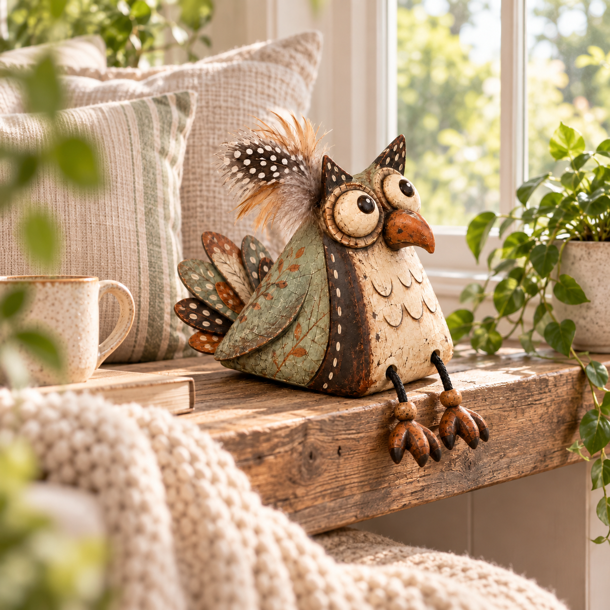 Rustic Owl Shelf Sitter Decor with Dangling Legs