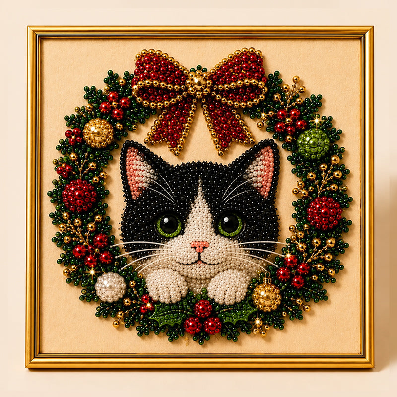 Festive Feline Bead Art Kit – DIY Sparkling Cat Craft Artwork for Holiday Decor, Cat Lovers & Handmade Gifts