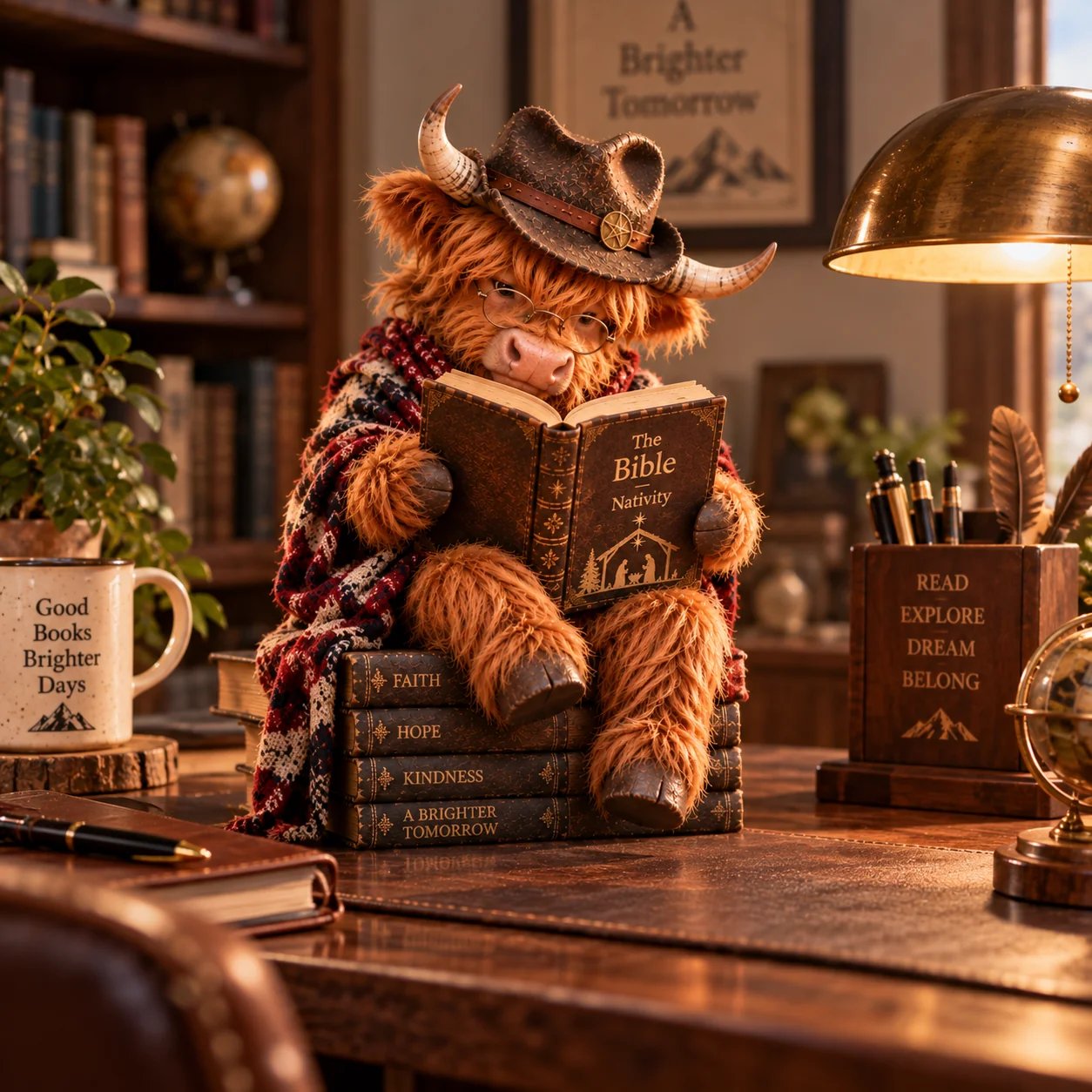 Highland Cow die de Bijbel en het kerstverhaal leest, kerstfiguur