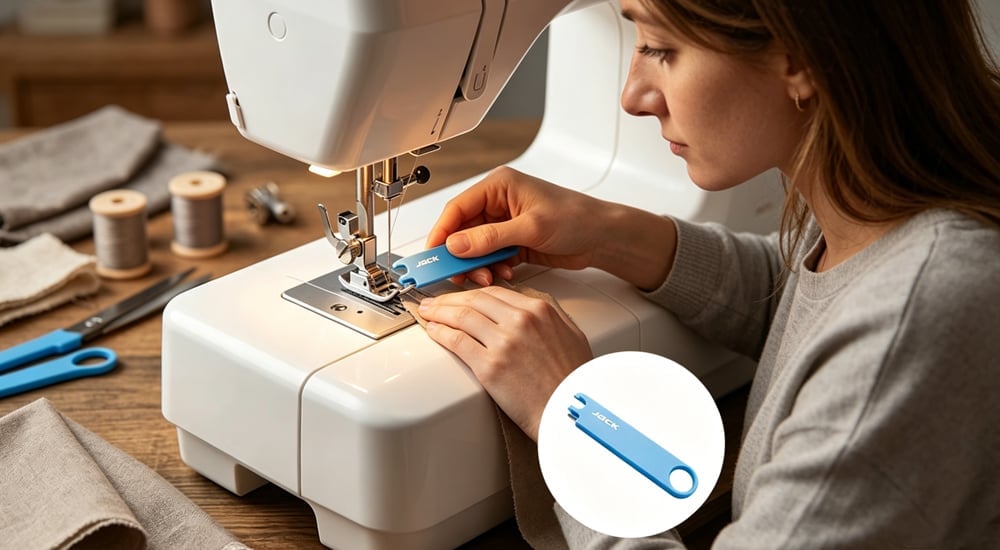 Needle threader with magnifying lens for sewing