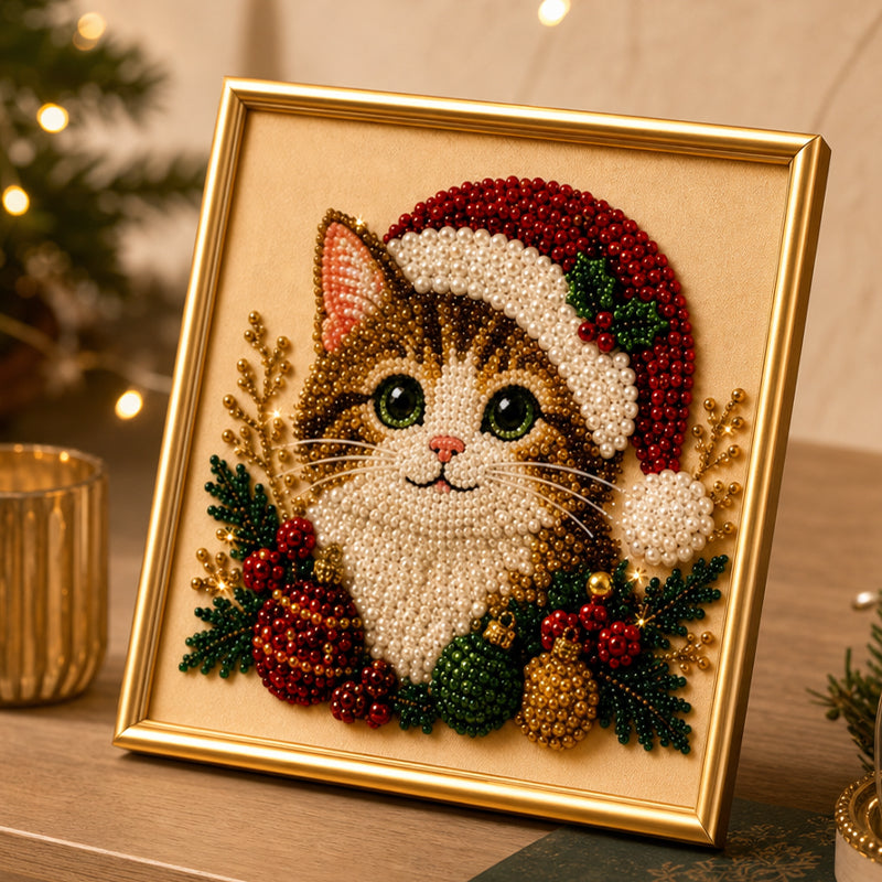 Festive Feline Bead Art Kit – DIY Sparkling Cat Craft Artwork for Holiday Decor, Cat Lovers & Handmade Gifts
