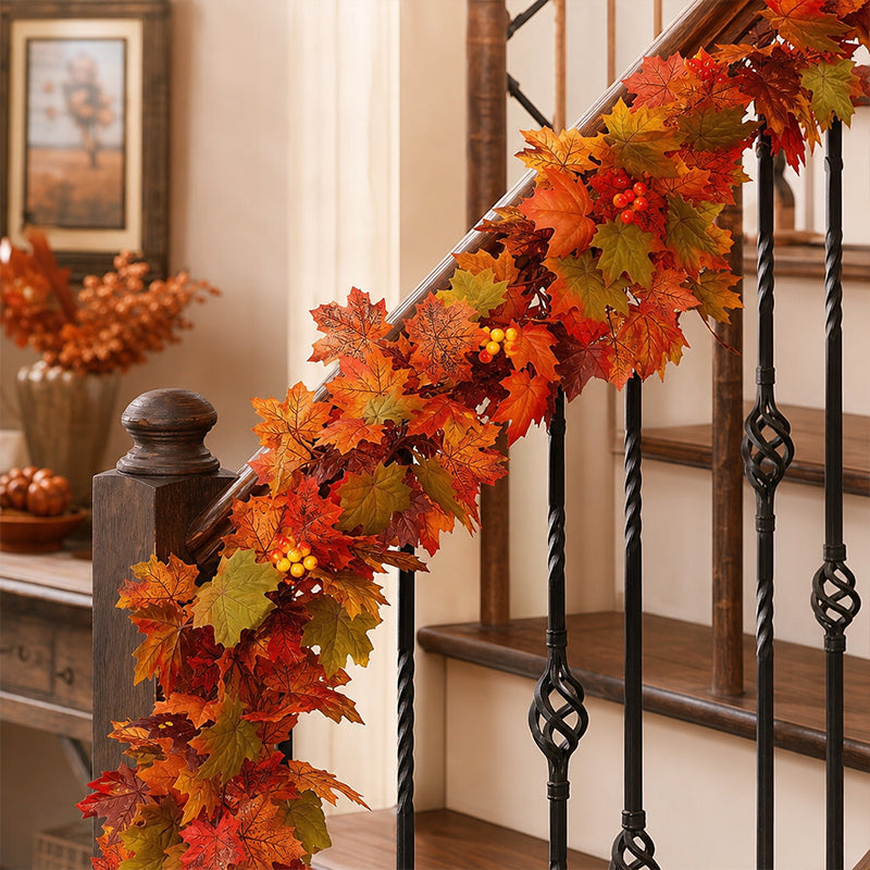 🍁Autumn Maple Leaf Garland Decoration Set – Fall Leaves Garland for Fireplace Mantel, Staircase, Door Frame, Table & Thanksgiving Decor