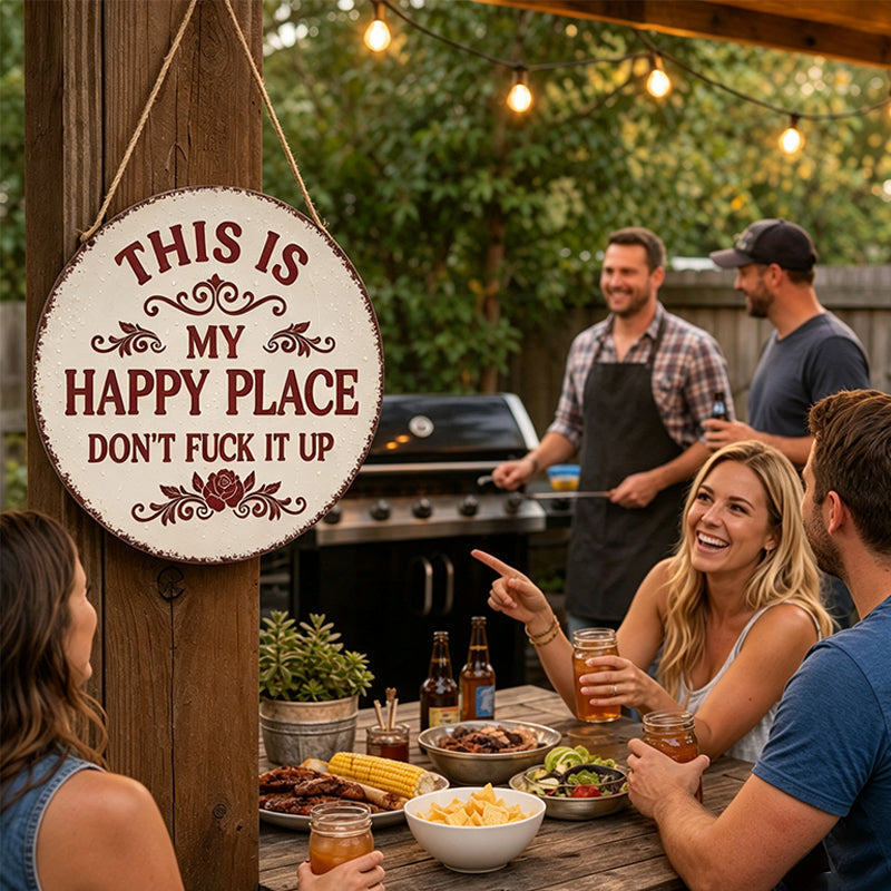“This Is My Happy Place” Funny Round Metal Sign – Vintage Garden, Patio, Porch & Backyard Wall Decor Gift