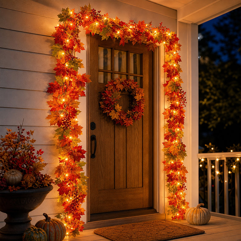 🍁Autumn Maple Leaf Garland Decoration Set – Fall Leaves Garland for Fireplace Mantel, Staircase, Door Frame, Table & Thanksgiving Decor